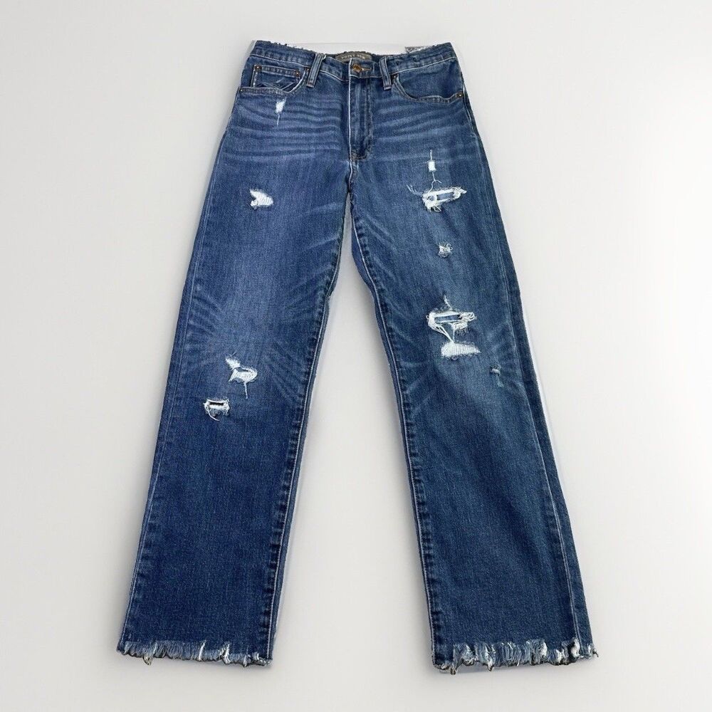 Point Sur Jeans Womens 27 Blue High Rise Slim Boy Straight Distressed Raw Hem